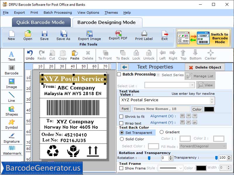 Post office Barcode Creator Software, Barcode label maker software for windows, Printable Banking Barcode Designer, Download Banking label generating tool, Parcel Barcode Label Designer Software, Shipping Barcode label maker Application