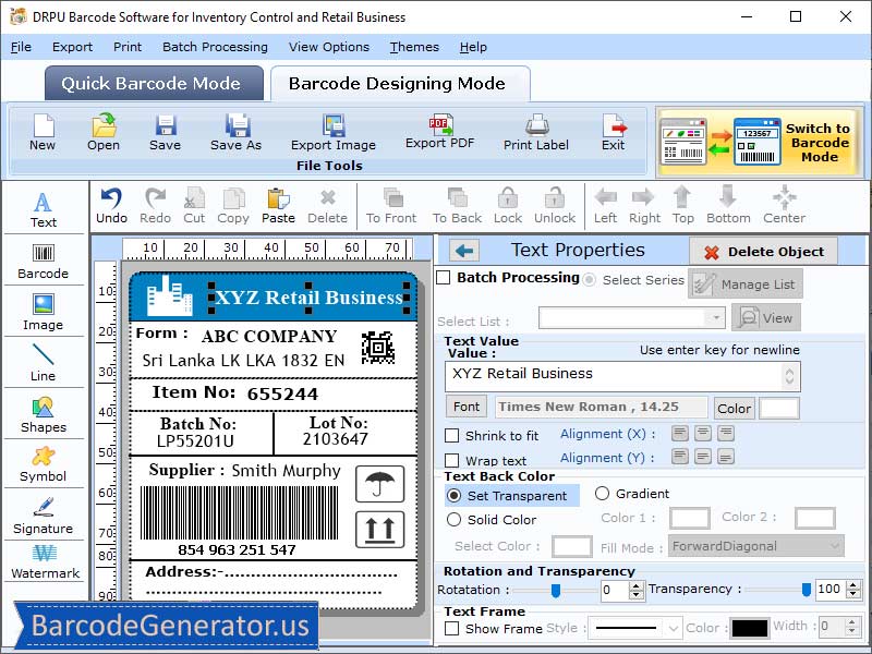 Screenshot of Retail Barcode Generator