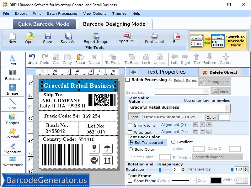 Screenshot of Inventory Barcode Generator