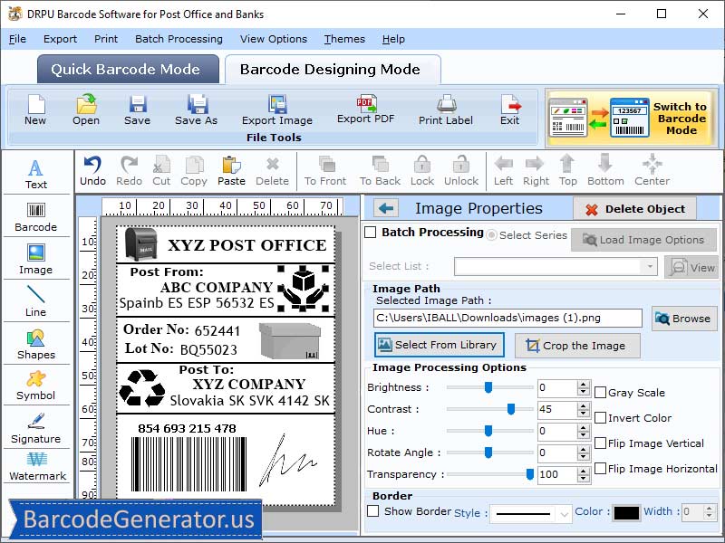 Screenshot of Post Office Barcode Generator