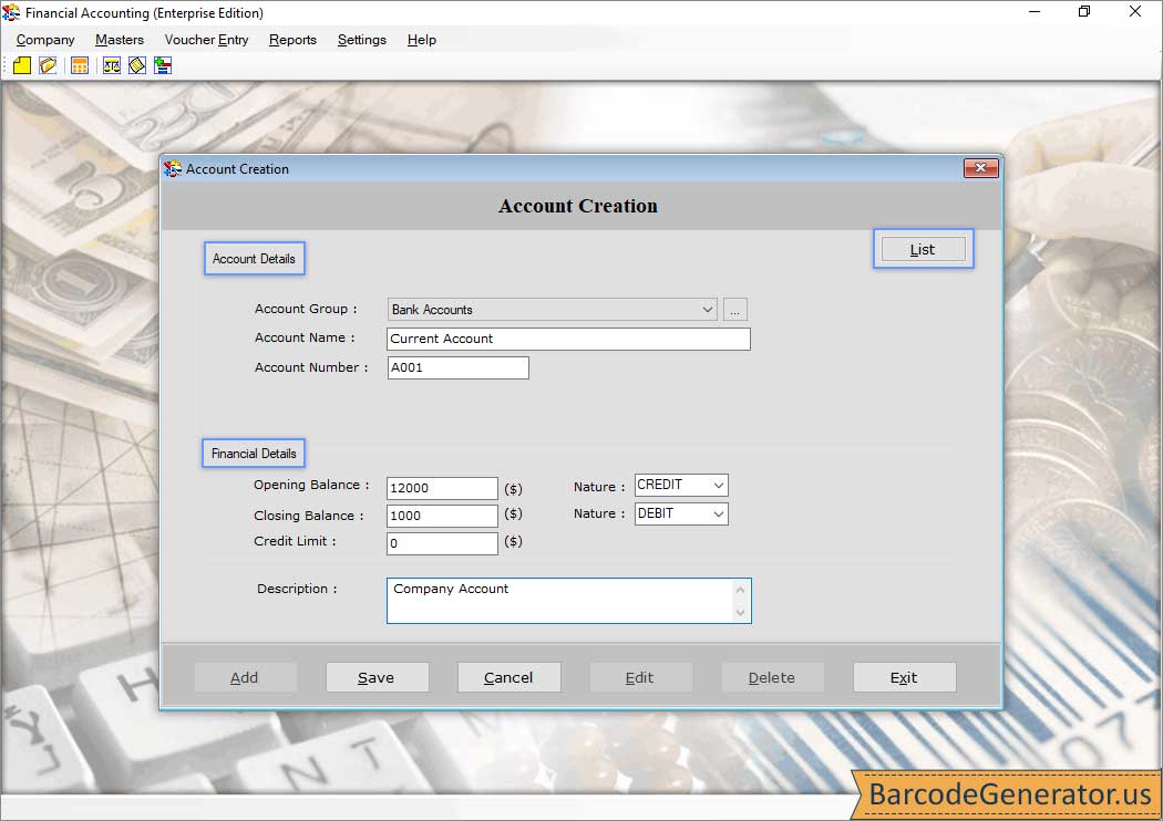 Account Creation Financial Accounting Software (Enterprise Edition)