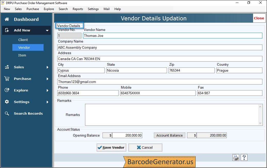 Purchase Vendor Details Purchase Vendor Details